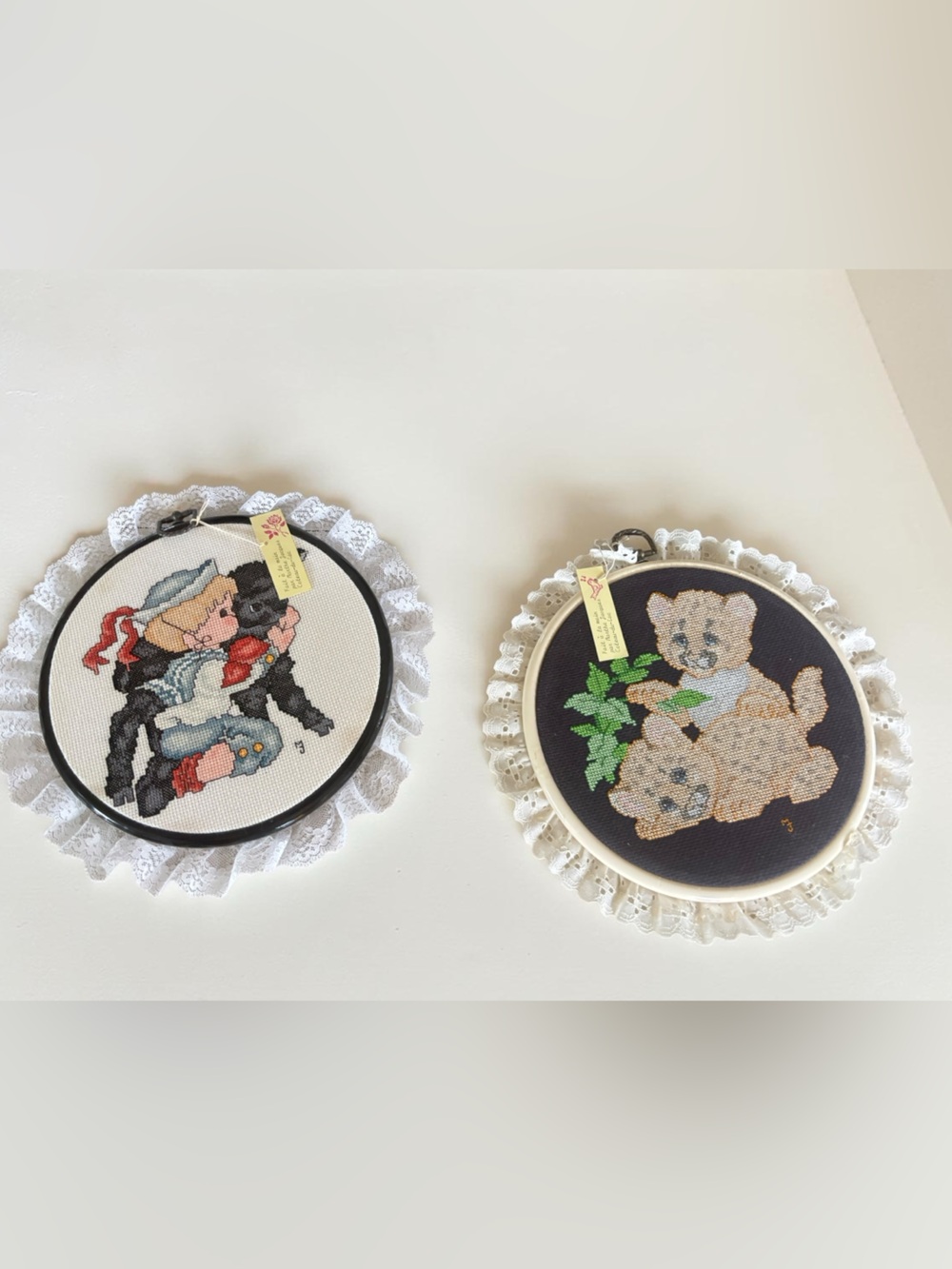 Vintage Handmade Cross Stitch Wall Art Set Teddy Bears Bunny Lace